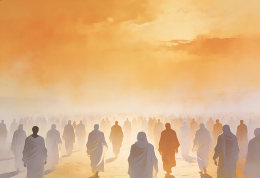 Many pilgrims walking on open landscape under bright sky with warm light