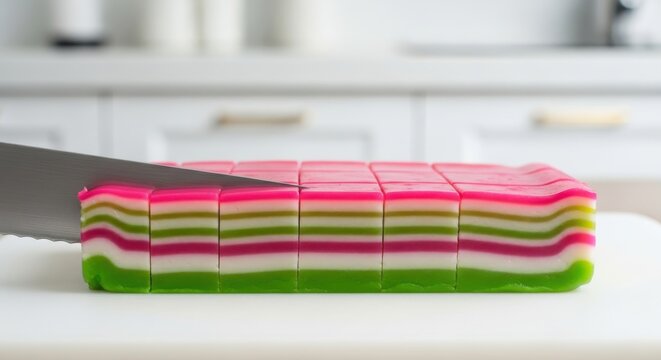 Delicious layered dessert cut into squares on a white cutting board, featuring vibrant pink, white, and green layers