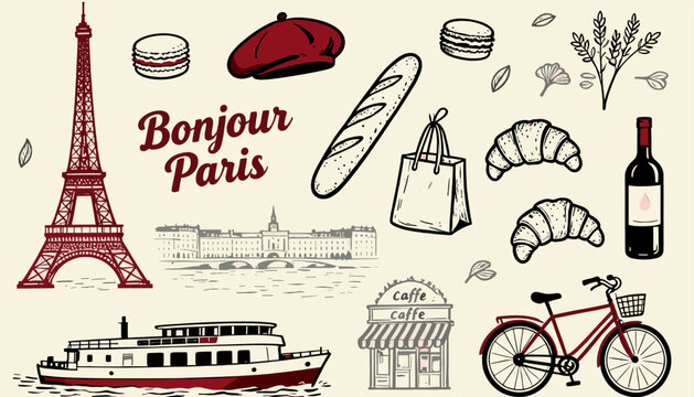 Charming Vector Doodle Collection: Paris Landmarks Delicacies and Lifestyle Elements