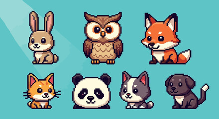 Fototapeta premium Pixelated animals illustration set featuring rabbit owl fox cat panda dog