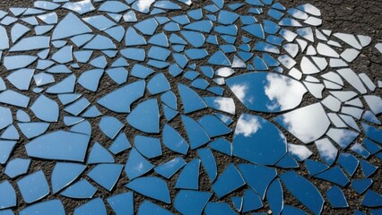Broken blue tiles mosaic pattern on the ground, abstract art.