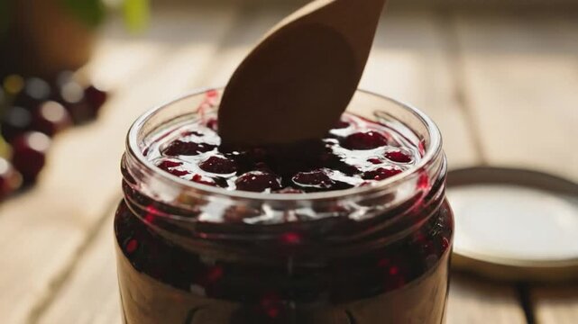 Hand reaching for jar of cherry jam on wooden table with fresh cherries in background
