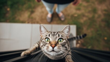 Curious Bengal Cat Gazes Upward with Owners Legs in Background.