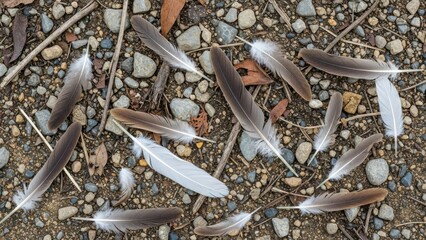 Feathers scattered on the ground, a close-up view of natures details.