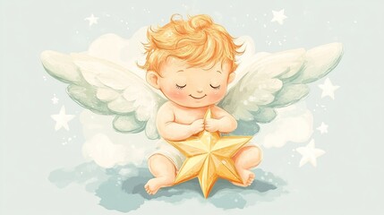 Fototapeta premium Cute Angel Baby Holding a Star