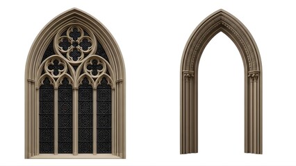 Fototapeta premium A pair of Gothic arched windows and frame on transparent background