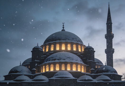 Close-up mosque domes and minaret in winter snow, warm glowing windows, ornate