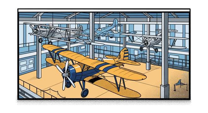 Retro aviation museum: vintage biplanes in pop art comic style hangar scene