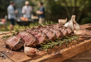 Obraz premium Delicious Sliced Grilled Steak with Rosemary and Garlic on Wooden Board