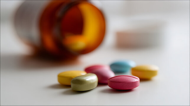 Colorful Oval Medication Pills Scatter from Prescription Bottle Spilled on White Surface, Health Care Concept Background Image for Editorial Use