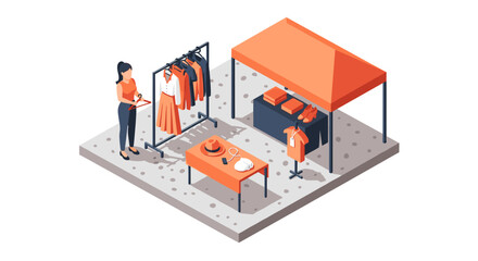 Isometric outdoor market scene with clothing and accessories display