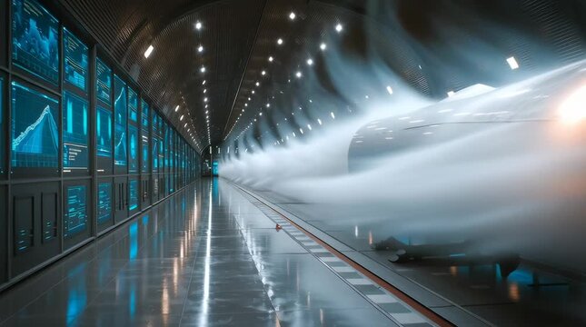 A detailed 4K video carbon fiber wing high-tech wind tunnel airflow interacting surface wing dynamic pressure gauges close-ups flexing wing high wind forces dynamic lighting wing&rsquo;s material properties