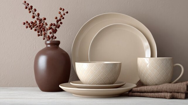 Elegant ceramic dinnerware set with vase on neutral background