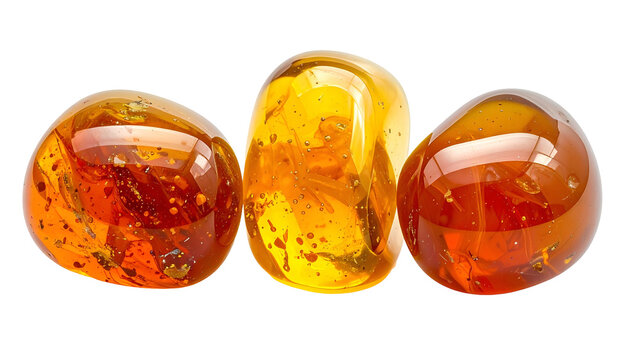 Three polished, translucent amber gemstones on a black background