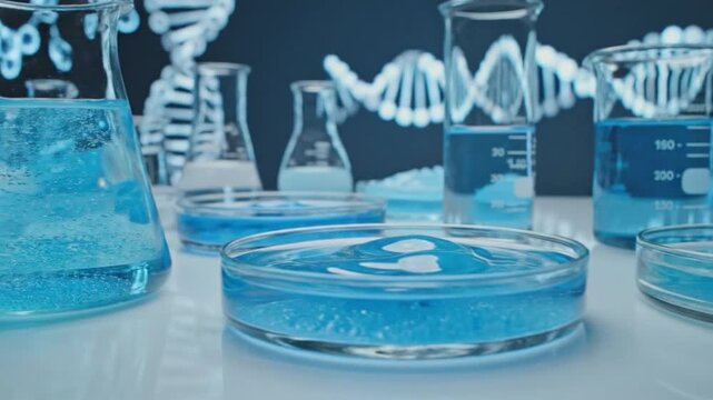Laboratory glassware with blue liquid and scientific background showcasing chemical reactions
