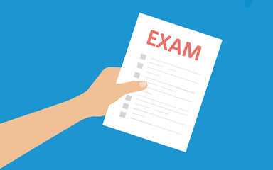 Hand holding exam paper with multiple choice questions on blue background