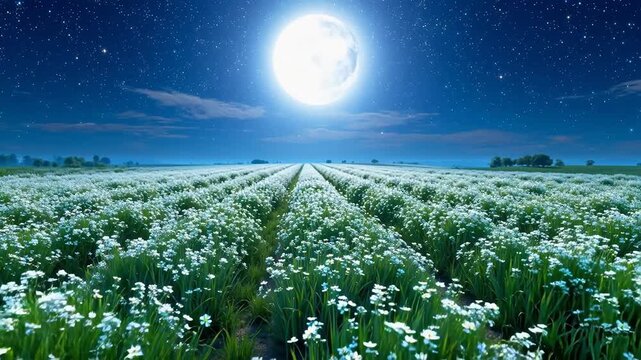Moonlit field of white flowers