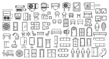 various household objects and furniture icons in black and white