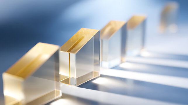 Abstract image features clear rectangular prisms with golden tops, arranged in a subtle progression, casting distinct shadows on a light surface
