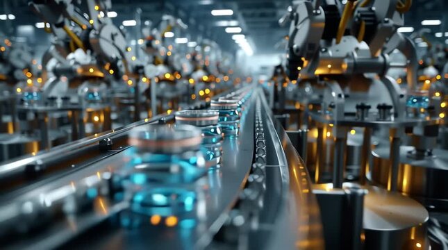 A high-tech pharmaceutical production line modern factory insulin injection pens conveyor belt. pens passing robotic arms, automated machines filling capping detailed close-ups process. sterile, clean