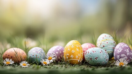 Fototapeta premium Colorful Easter eggs decorated with patterns and flowers in a grassy field on a sunny day
