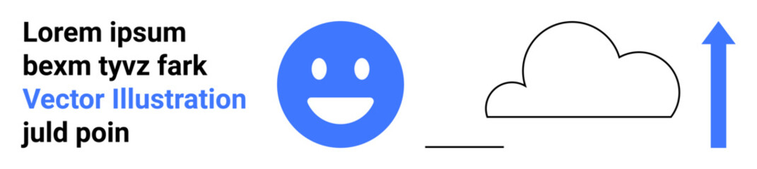 Fototapeta premium Cloud computing, data upload, user feedback, emoticon communication, social media, tech concepts. A happy face, a cloud outline an upward arrow. Cloud computing and data upload concept
