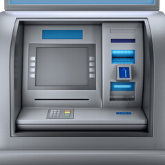 3D rendering of a modern ATM machine interface with a blank screen, keypad, and card slot, concept for digital banking and financial services.