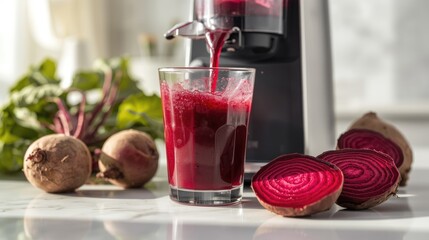 Healthy Lifestyle Concept: Fresh Beetroot Juice Pouring from a Modern Juicer Machine into a Glass with Sliced Beets on a White Marble Table