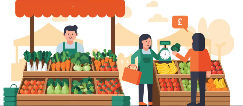 Vibrant farmer's market scene with customers and vendor