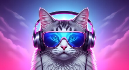 Fototapeta premium Cool cat wearing sunglasses and headphones in vibrant neon colors