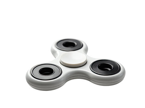 A close-up shot of a white fidget spinner with two black knobs