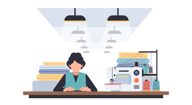 Seamstress working in modern workshop with sewing machine and fabrics