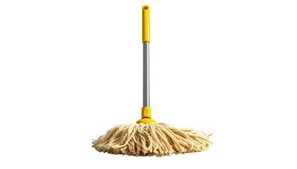 A cleaning tool featuring a yellow and silver pole, with a cream-colored mop head