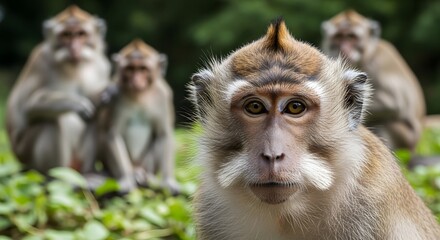 Fototapeta premium Group of macaque monkeys in natural forest habitat