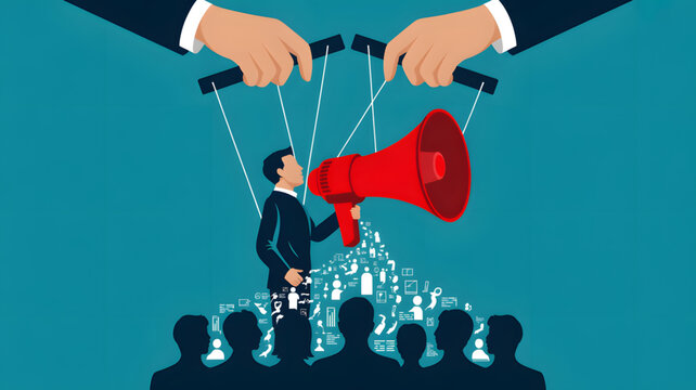Businessman controlled by puppeteer with megaphone.