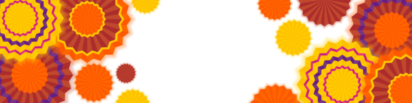 Festive celebration horizontal banner with colorful paper fans and copy space, mexican fiesta party frame, vibrant pleated paper rosettes border on white background, decorative summer event header vec