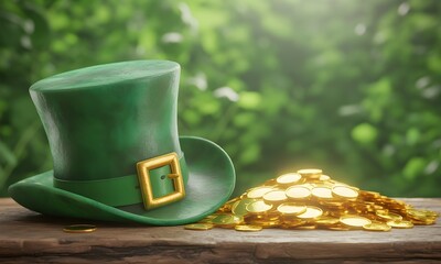 A St. Patrick's Day themed image featuring a green leprechaun hat resting on a wooden surface next to a pile of shiny gold coins, set against a blurred green natural background