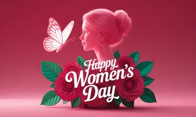 Happy Women's Day illustration featuring a graceful woman, delicate butterfly, and vibrant roses, celebrating International Women's Day with elegance and beauty