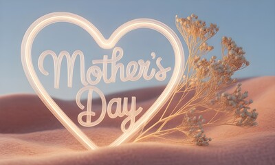 Happy Mother's Day greeting in a heart shape with delicate flowers and a soft, blurred background, celebrating love and appreciation for mothers worldwide