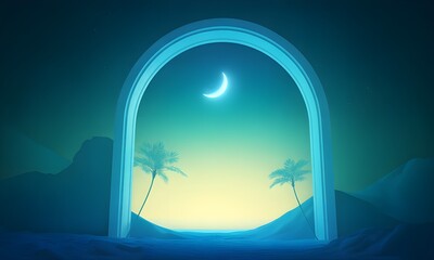 Mystical desert archway framing a serene moonlit night with silhouetted palm trees and a gentle aurora glow, evoking a dreamlike Arabian landscape