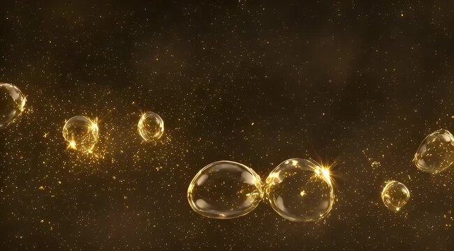Elegant gold bubbles against a speckled black background with shimmering light effect
