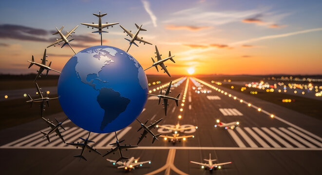 Airplanes flying around the world and on the runway, global travel concept