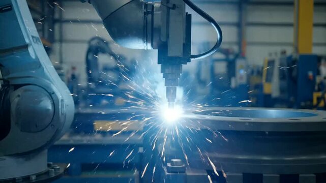 Automated robot precisely welds mild steel component or Industrial robot welds steel part accurately in factory