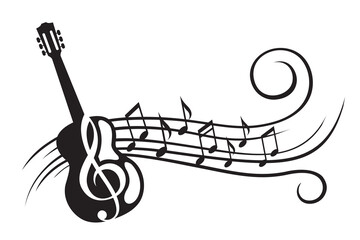 abstract emblem of guitar and music notes isolated on white background