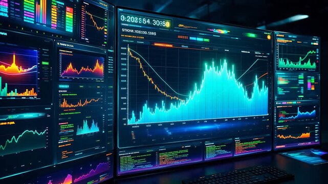 Multiple computer screens displaying financial data
