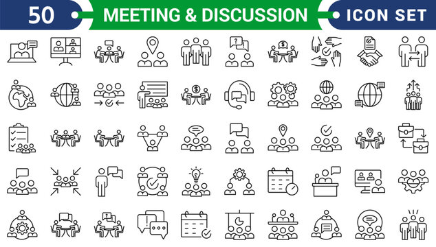 Meeting & discussion icon set. Featuring business, planning, discussion, conference, teamwork, workshop, schedule, presentation, interview, planning, collaboration and more icons.
