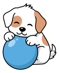 Fototapeta premium Cartoon line art illustration of a puppy depicting it hugging a blue ball for playful concepts