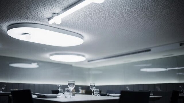 Focused medium shot showcasing bright cool white ceiling fixtures illuminating textured sound panels promoting an energetic and soundcontrolled dining atmosphere.