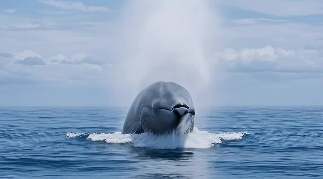 Beautiful blue whale breaching the ocean surface expelling vapor with cloudy sky