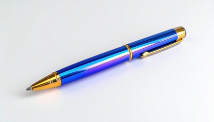 A shiny blue pen with gold accents rests on a clean white surface, well-lit